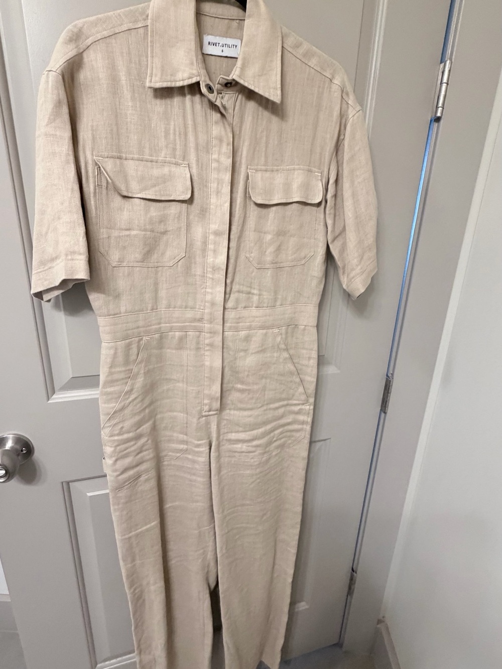 Rivet & Thread Beige Short-Sleeve Utility Jumpsuit
